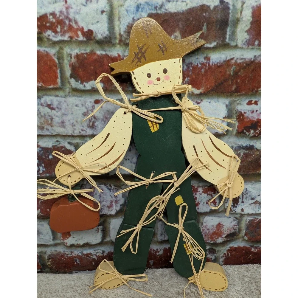 Vintage Hand Painted Wood Scarecrow Wall Hanging Jointed Primitive Fall Decor